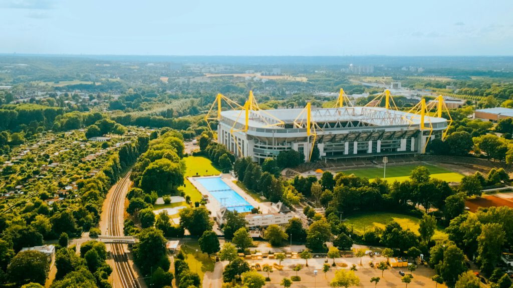 Aerial shot of football stadium BVB Borussia, Signal Iduna Park in Dortmund, Germany.