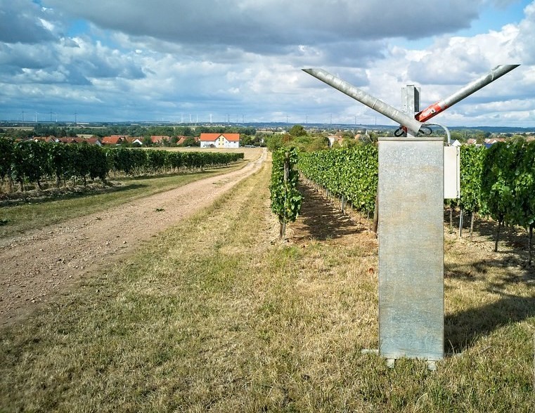 Geräuschkanone auf einem Feld zur akustischen Abschreckung von Vögeln in landwirtschaftlichen Bereichen.