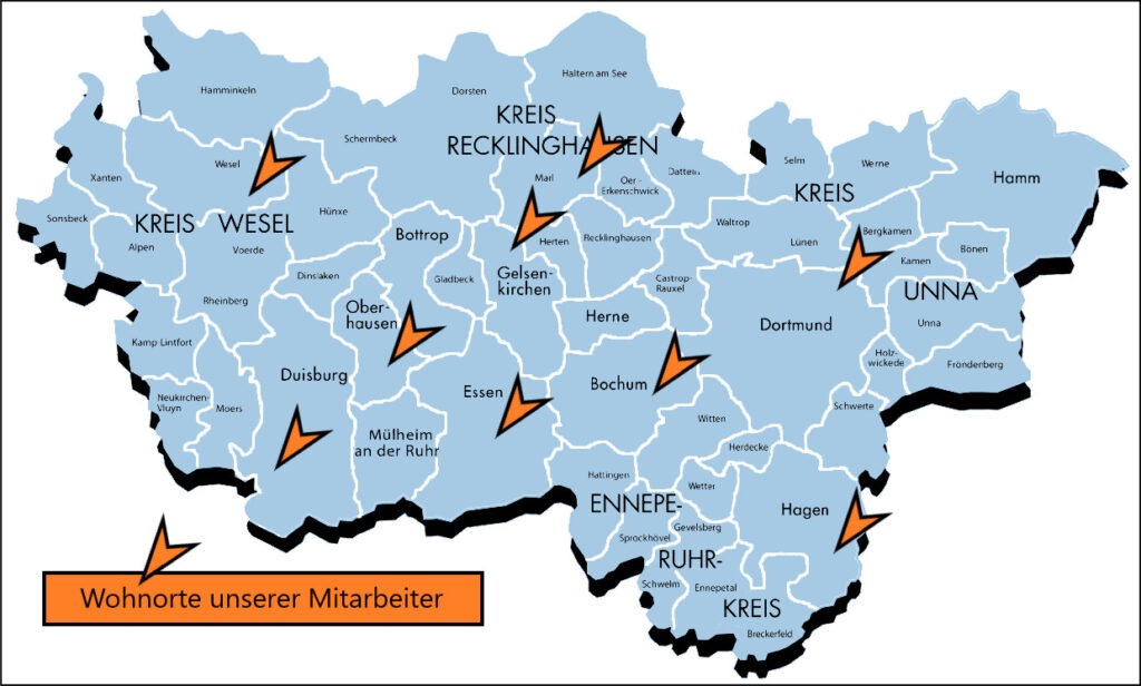 Unser Servicegebiet bei DETEK Schädlingsbekämpfung in Gelsenkirchen. Hier sehen Sie die Wohnorte unserer Mitarbeiter.