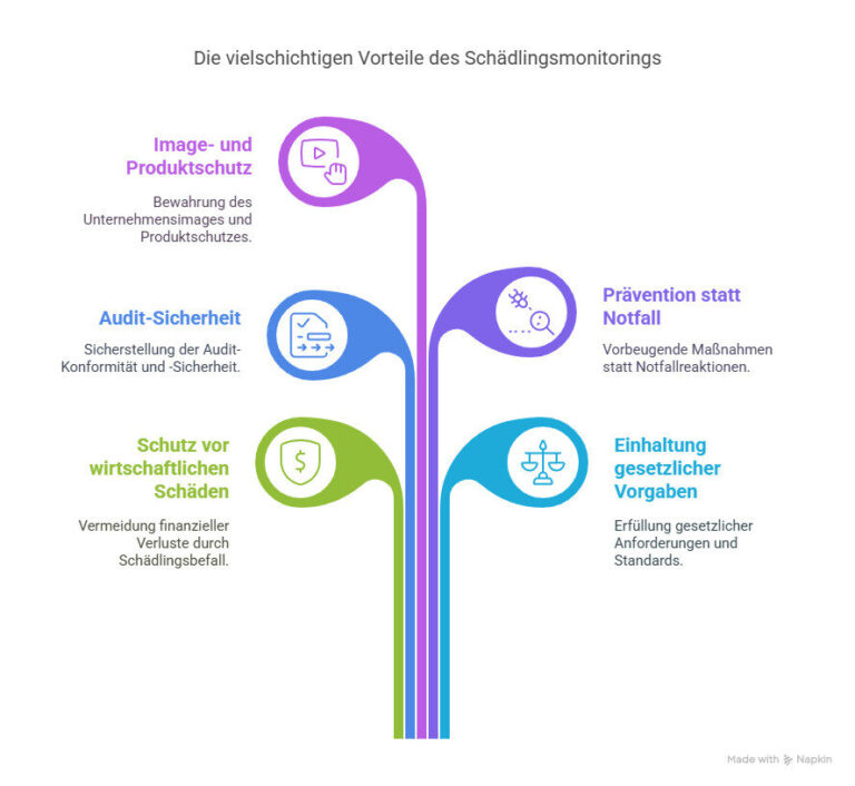 Grafische Darstellung der Vorteile von Schädlingsmonitoring für Unternehmen: Image- und Produktschutz, Audit-Sicherheit, Schutz vor wirtschaftlichen Schäden, Prävention statt Notfall und Einhaltung gesetzlicher Vorgaben.
