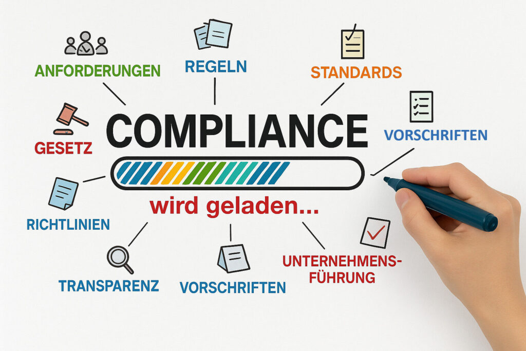 Illustration zum Thema Compliance: In der Mitte steht „COMPLIANCE“ mit einem bunten Ladebalken und dem Schriftzug „wird geladen...“. Umgeben von Begriffen wie Anforderungen, Regeln, Standards, Gesetz, Richtlinien, Transparenz, Vorschriften und Unternehmensführung, jeweils mit passenden Symbolen dargestellt.