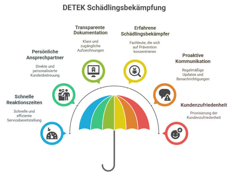 Infografik zu den Stärken von DETEK Schädlingsbekämpfung für Unternehmen: Ein bunter Regenschirm symbolisiert Schutz, umgeben von sieben Kernaussagen – transparente digitale Dokumentation, erfahrene Schädlingsbekämpfer, proaktive Kommunikation, Kundenzufriedenheit, schnelle Reaktionszeiten, persönliche Ansprechpartner und klare Servicebereitstellung.