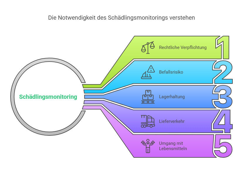 Grafik zur Frage 'Ist Schädlingsmonitoring Pflicht?' mit fünf Gründen für die Notwendigkeit: rechtliche Verpflichtung, Befallsrisiko, Lagerhaltung, Lieferverkehr und Umgang mit Lebensmitteln