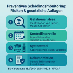 „Infografik zum präventiven Schädlingsmonitoring mit vier Schritten: Gefahrenanalyse (Identifikation von Ratten, Mäusen, Insekten), Kontrollintervalle (wöchentlich bis monatlich), Systemwahl (Köderstationen, Fallen, Sensoren) und Dokumentation (digitale Erfassung aller Inspektionen); Fußzeile verweist auf EU-Verordnung 852/2004, DIN 10523 und HACCP.