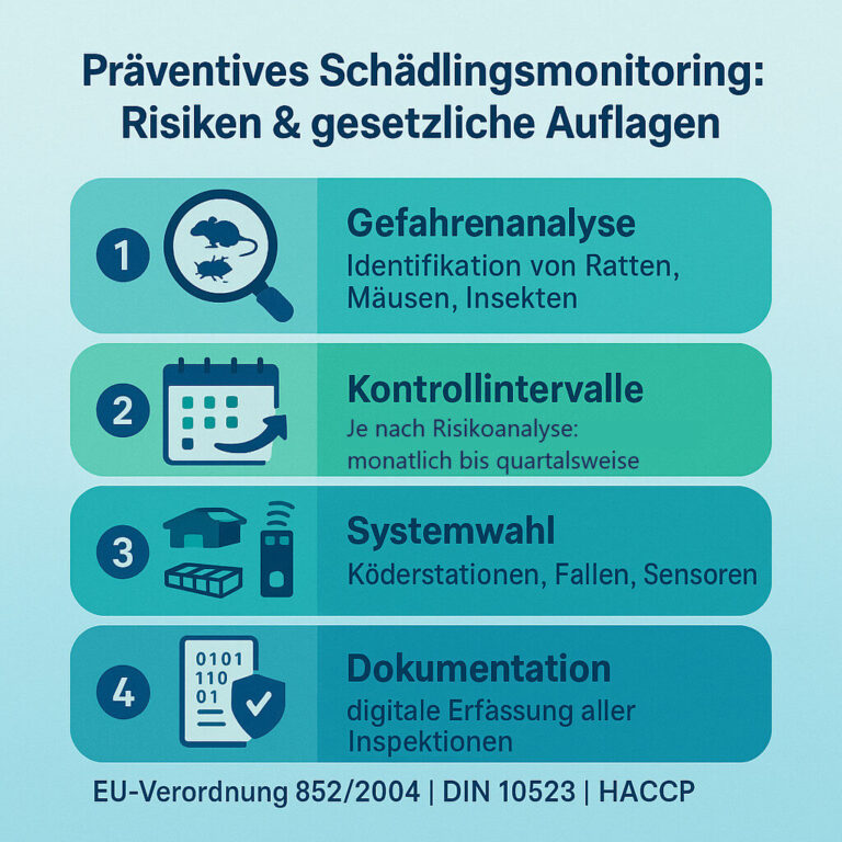 „Infografik zum präventiven Schädlingsmonitoring mit vier Schritten: Gefahrenanalyse (Identifikation von Ratten, Mäusen, Insekten), Kontrollintervalle (wöchentlich bis monatlich), Systemwahl (Köderstationen, Fallen, Sensoren) und Dokumentation (digitale Erfassung aller Inspektionen); Fußzeile verweist auf EU-Verordnung 852/2004, DIN 10523 und HACCP.