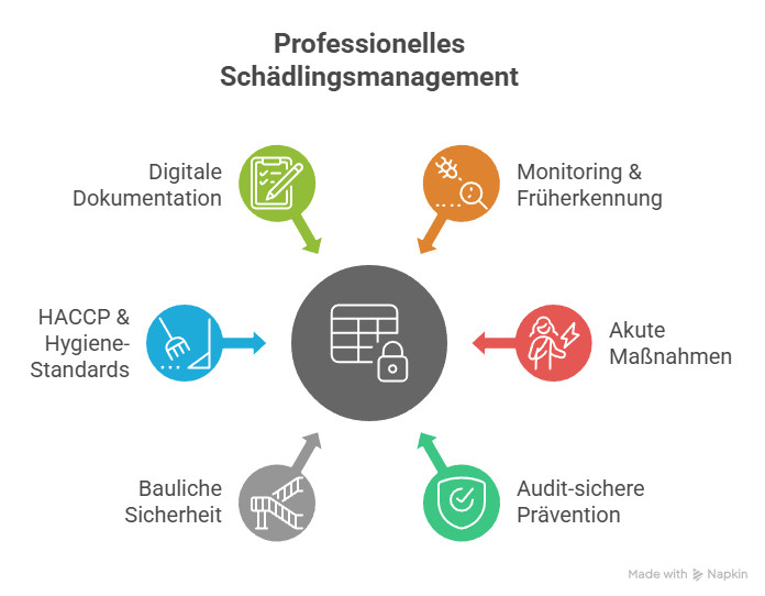 Was ist Schädlingsmonitoring? Infografik erklärt audit-sicheres Schädlingsmonitoring mit digitaler Dokumentation, Prävention und HACCP-Standards für Gastronomie und Lebensmittelindustrie.